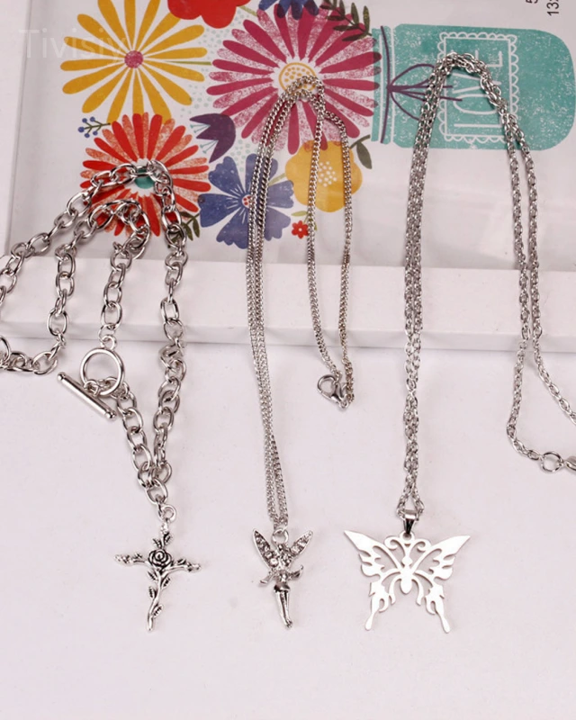 Multi-layer Necklace With Butterfly & Cross